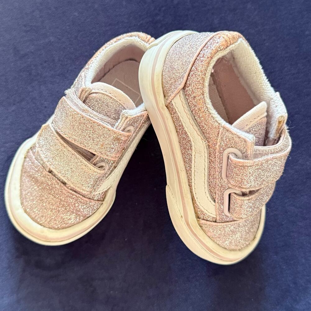 Vans Toddler Old Skool V Glitter Sneakers - Rose Gold Pink Size 4 - Picture 3 of 10